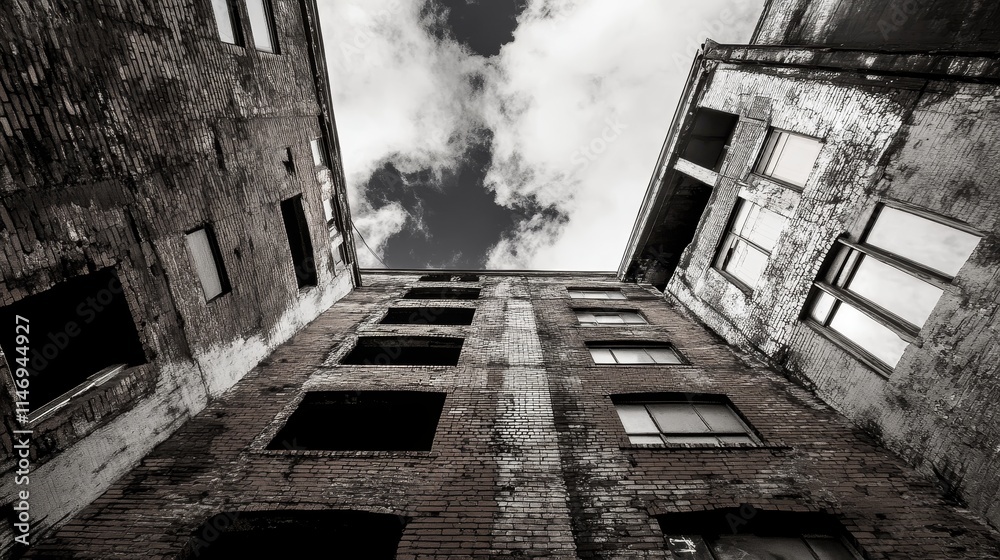 Fototapeta premium A dramatic upward view of a dilapidated building, showcasing its weathered textures and sky.