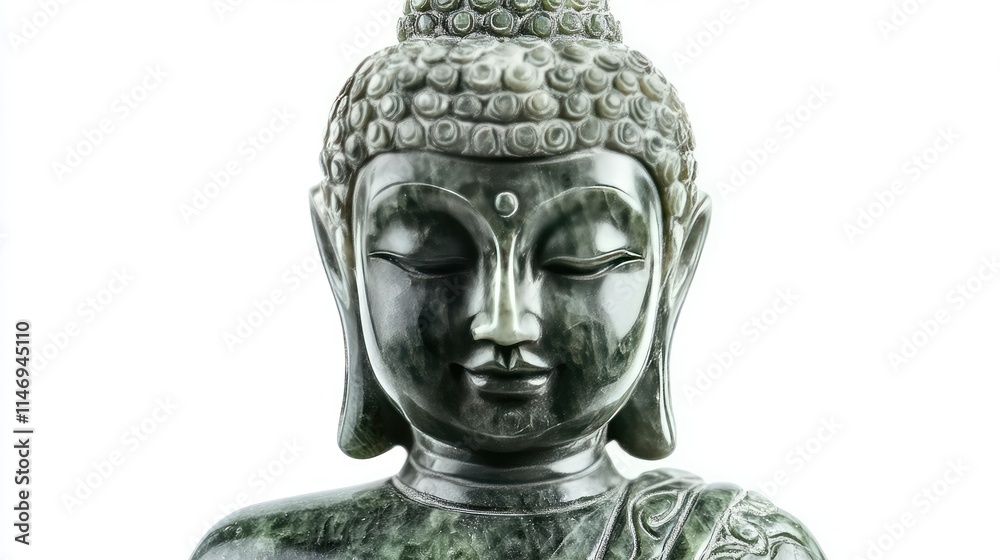 Elegant green jade Buddha statue carved with traditional patterns and fine details, isolated on a white background. Elegant green jade Buddha statue carved with traditional patterns and fine details, isolated on a white background.