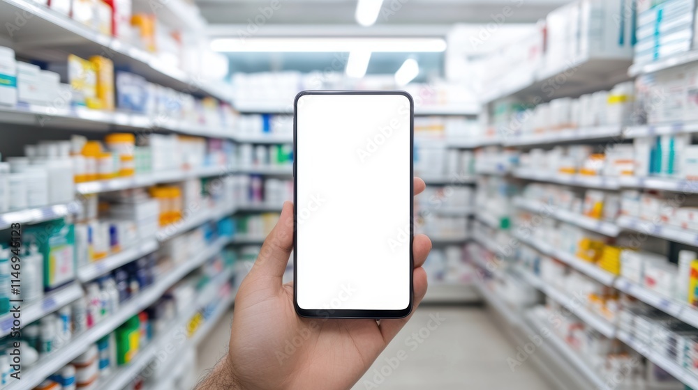Hand holding a smart phone with blank screen for text in store in holiday shopping season Hand holding a smart phone with blank screen for text in store in holiday shopping season