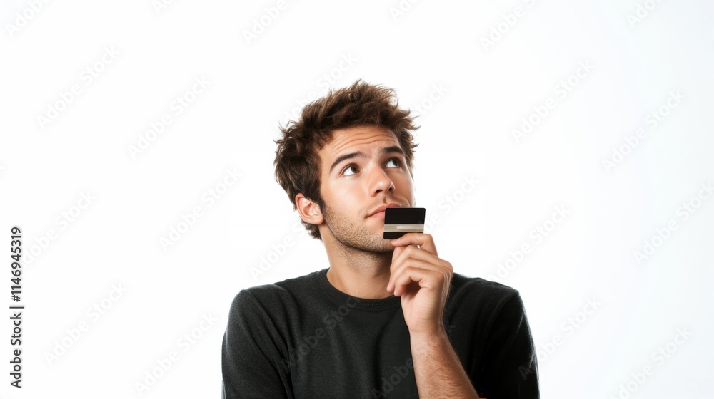 Shopper with credit card in hand looking sideway thinking about shopping plan Shopper with credit card in hand looking sideway thinking about shopping plan