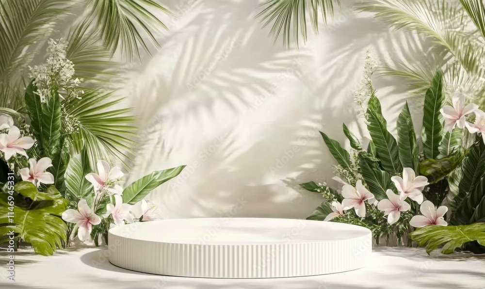 Render of Summer beach background with podium or pedestal for product presentation, minimal decoration of summer elements. Render of Summer beach background with podium or pedestal for product presentation, minimal decoration of summer elements.