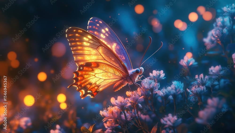 Glowing Butterfly on Flower in Night Garden Glowing Butterfly on Flower in Night Garden