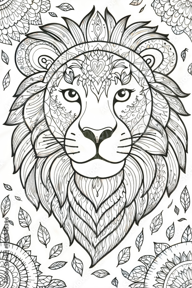 Fototapeta premium Lion Detailed Coloring Page with Mandala Elements