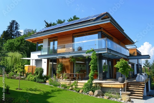 Modern eco-friendly home with solar panels surrounded by lush greenery on a bright sunny day