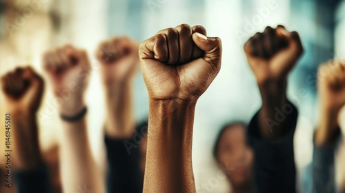 A close-up shot of raised fists of people from various cultural backgrounds, with a powerful and energetic atmosphere photo