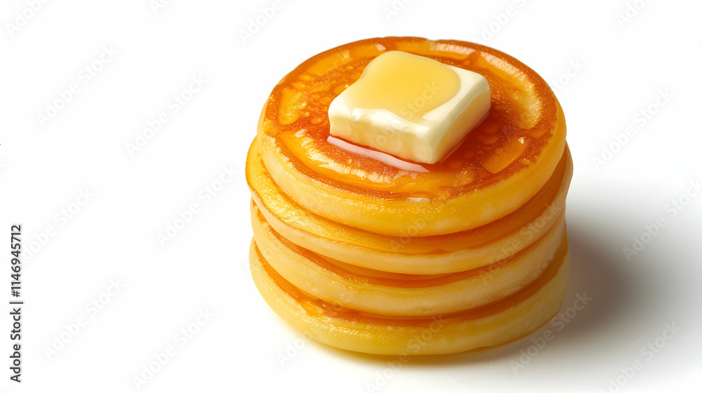 A stack of fluffy pancakes topped with a pat of butter and syrup. A stack of fluffy pancakes topped with a pat of butter and syrup.