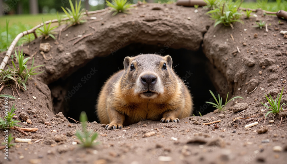 Groundhog peeking out of burrow in a natural setting