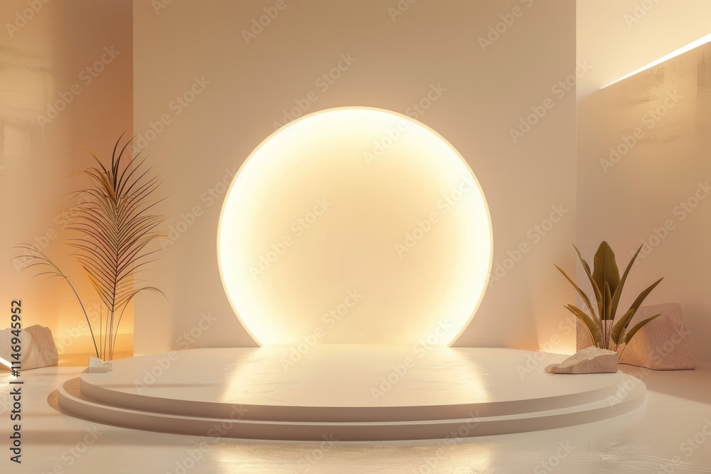 Minimalist modern interior with circular light feature, neutral tones, and plants. Ideal for contemporary design concepts and zen-inspired spaces.