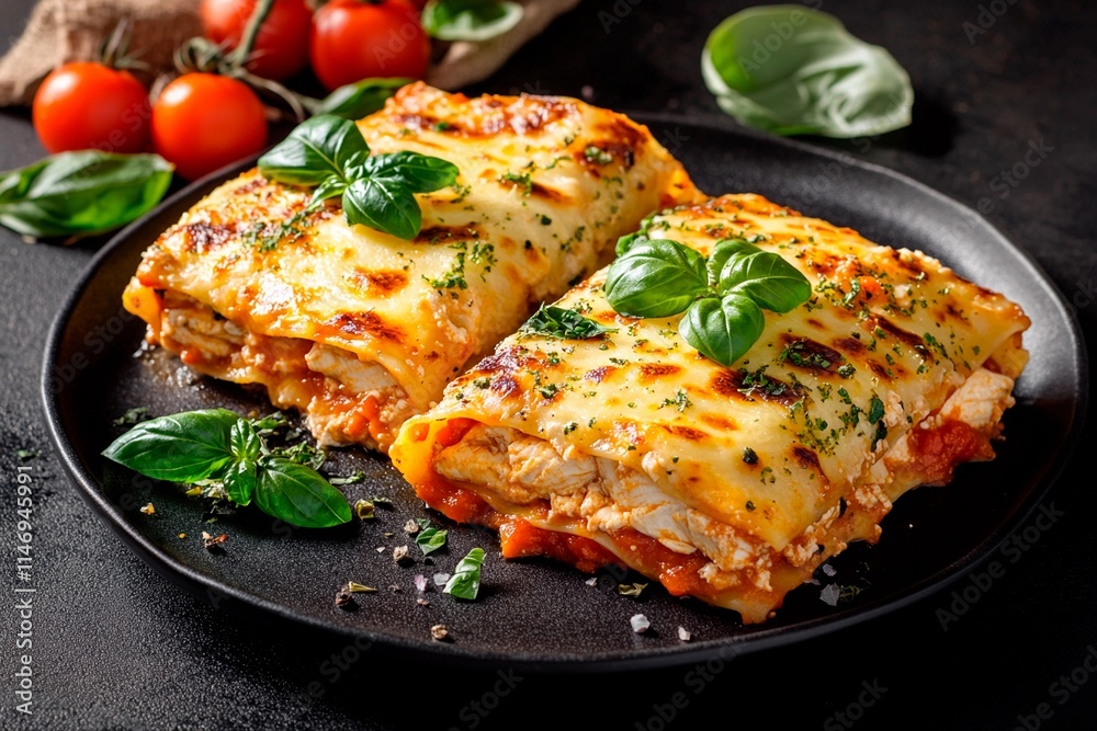 Delicious homemade lasagna with fresh basil and ripe tomatoes on a dark plate Delicious homemade lasagna with fresh basil and ripe tomatoes on a dark plate