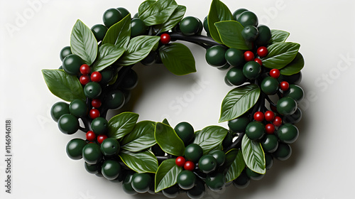A decorative wreath featuring green leaves and red berries, ideal for festive occasions.