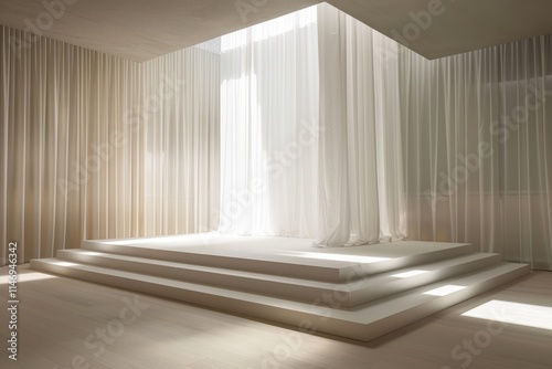A serene, minimalist interior featuring soft natural light filtering through elegant white drapes on a raised platform.