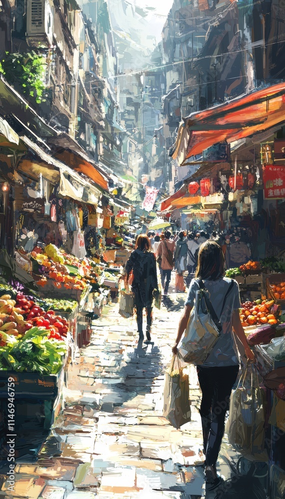 Naklejka premium Lively Urban Market Scene with Shopper and Eco-Friendly Tote Bag Filled with Fresh Produce