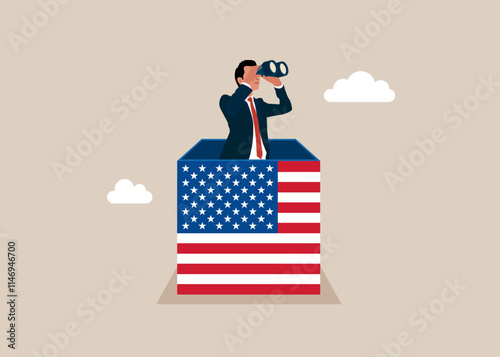 Businessman open box United States of America using binoculars to see business vision. Creativity to help see business opportunity, vision to discover new solution or idea, curiosity