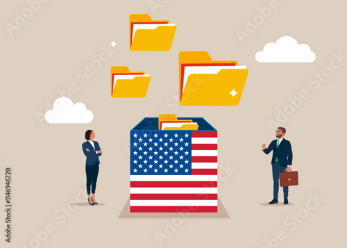 Hand open box United States of America to see file folders. Arrange online data, paperwork concept, file management, organize document files into archive folders.
