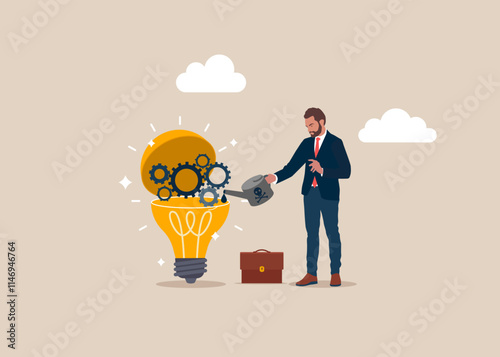 Businessman put lubricant oil on machine gear of opening lightbulb idea to see business vision. Creativity to help see business opportunity, vision to discover new solution or idea, curiosity