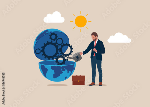 Businessman put lubricant oil on machine gear of opening globe. International opportunity for business, work or investment, searching for oversea business concept. Flat vector illustration.