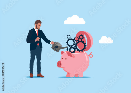 Businessman put lubricant oil on machine gear of opening piggy bank. Financial or money liquidity to help economic stimulus, central bank monetary policy. Flat vector illustration