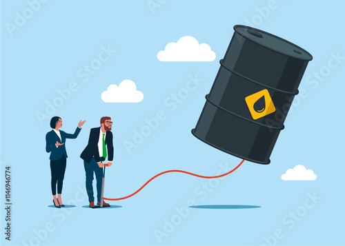 Businessman pumps up a balloon of a oil barrel. Crude oil price soaring sky high hit new high record concept. Inflation, price rise, money value decrease, oil barrel. Flat vector illustration.