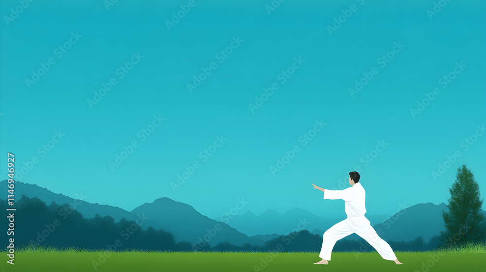 A flat design of a person practicing Tai Chi outdoors, symbolizing wellness and balance. Tai Chi minimalist design. A flat design of a person practicing Tai Chi outdoors, symbolizing wellness and balance. Tai Chi minimalist design.