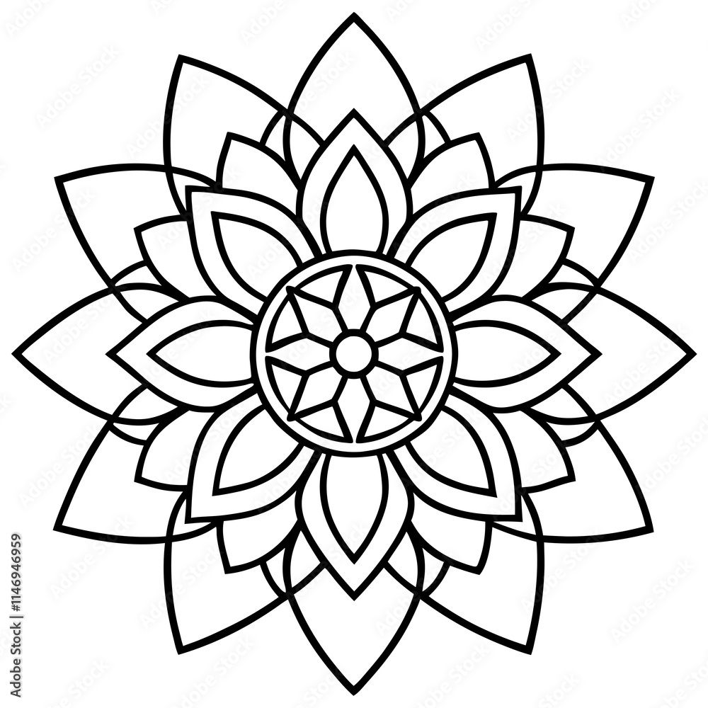 Symmetrical Lotus Mandala with Geometric Line Art Symmetrical Lotus Mandala with Geometric Line Art