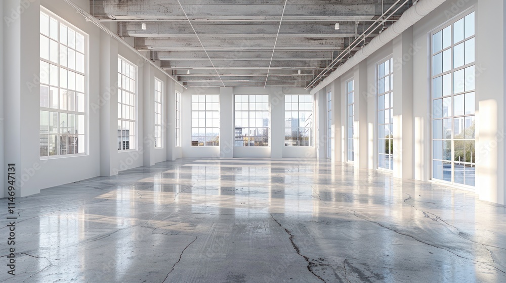 Fototapeta premium Spacious Loft Interior with City Views: Modern Industrial Design
