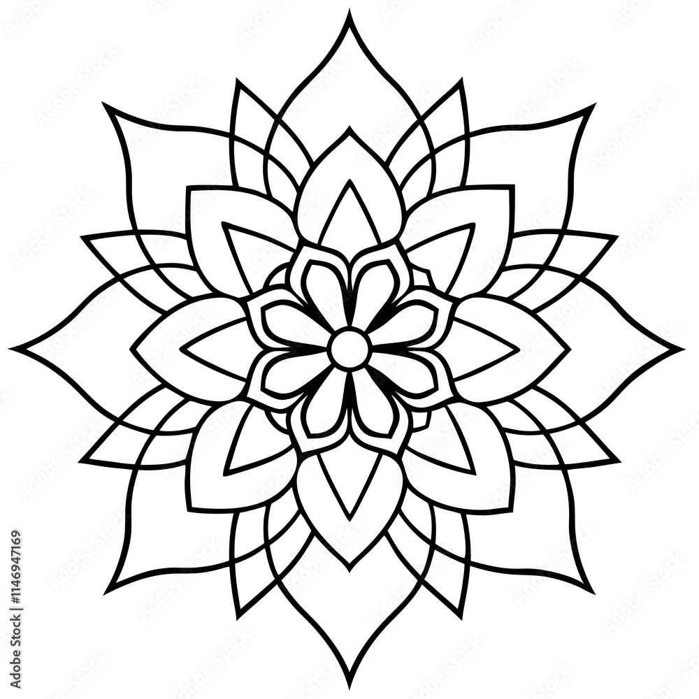 Symmetrical Lotus Mandala with Geometric Line Art Symmetrical Lotus Mandala with Geometric Line Art