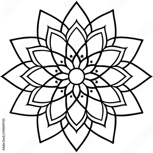 Symmetrical Lotus Mandala with Geometric Line Art