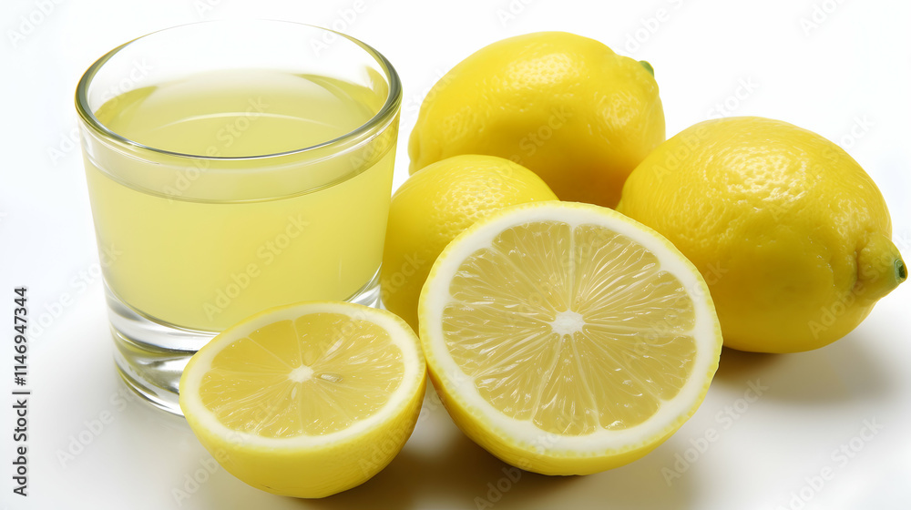 A glass of lemon juice with whole and halved lemons, showcasing freshness and flavor. A glass of lemon juice with whole and halved lemons, showcasing freshness and flavor.