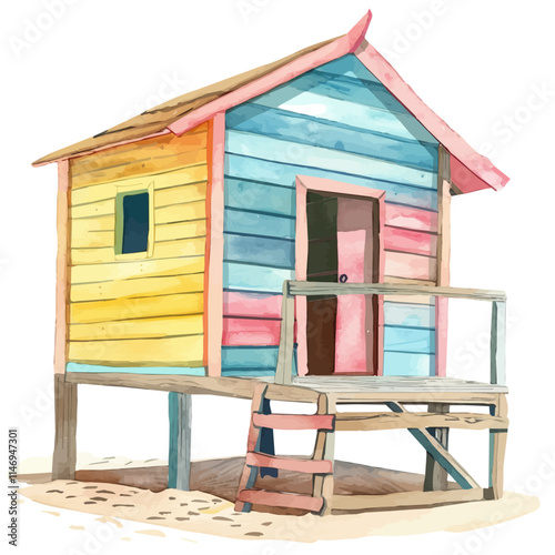 A watercolor vector of a colorful beach hut with wooden walls, isolated on a white background. Beach hut with wooden walls vector.
