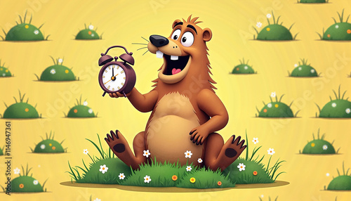 Cartoon groundhog holding clock on grassy hill with yellow background