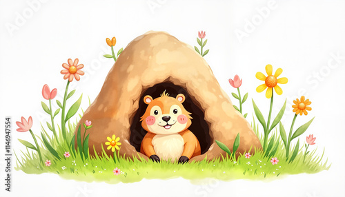 Cute hamster in burrow surrounded by colorful flowers