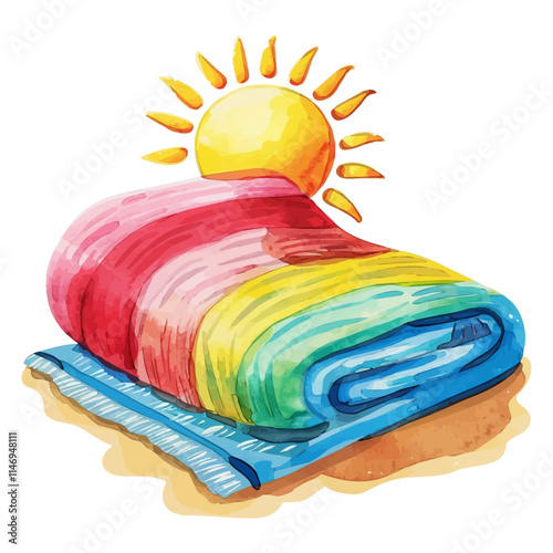 A watercolor vector of a colorful beach towel rolled up under the sun, isolated on a white background. Beach towel rolled up vector.
