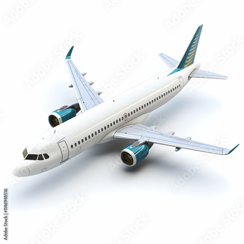 A realistic illustration of a commercial airplane, showcasing its design and features.