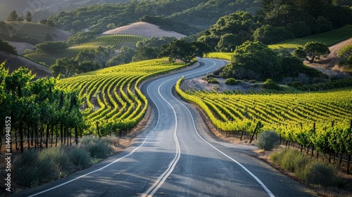 Copy space with a view of a winding road through lush vineyards on a road trip