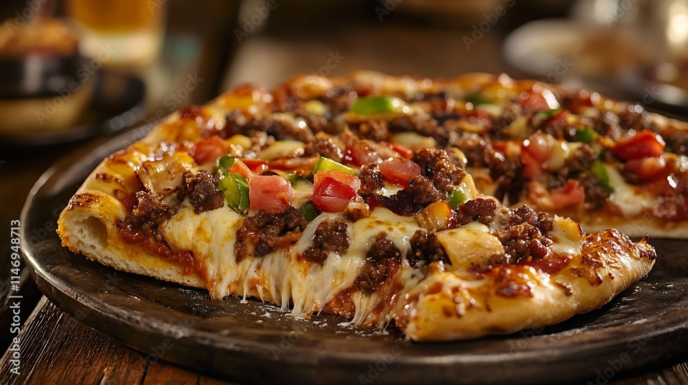 Close-up of a supreme pizza slice showing melted cheese and vibrant toppings being lifted in a family dining atmosphere Close-up of a supreme pizza slice showing melted cheese and vibrant toppings being lifted in a family dining atmosphere