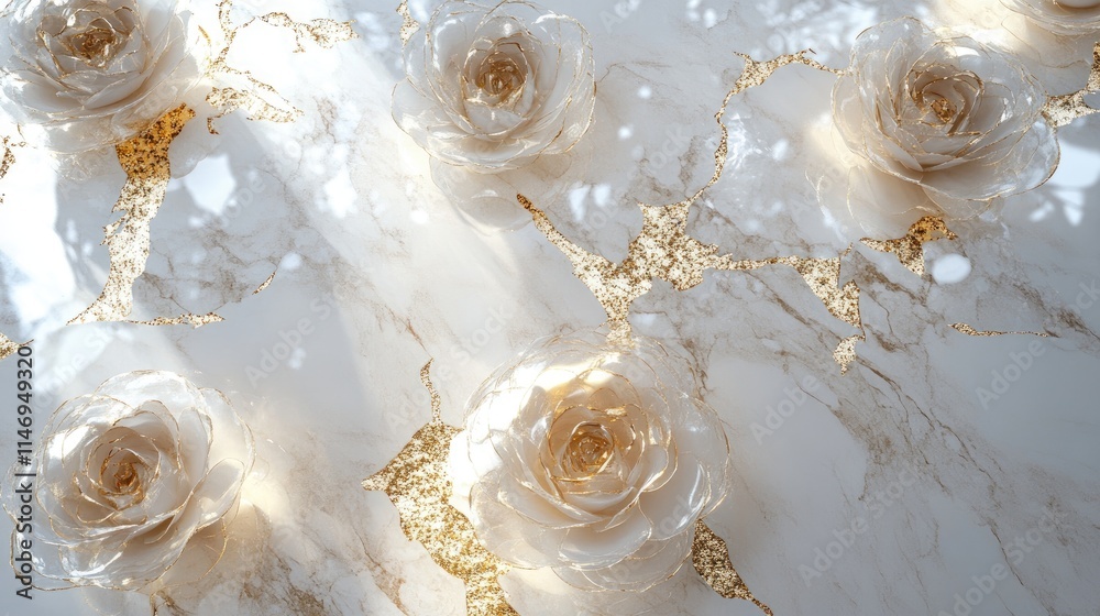 Metallic roses with holographic highlights hover above a marble surface with golden veins, radiating opulence. Metallic roses with holographic highlights hover above a marble surface with golden veins, radiating opulence.