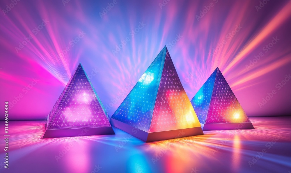 Illuminated, Blue and Pink Three-Dimensional Surface with Tetrahedrons. Modern, Neon 3d Wallpaper. Illuminated, Blue and Pink Three-Dimensional Surface with Tetrahedrons. Modern, Neon 3d Wallpaper.