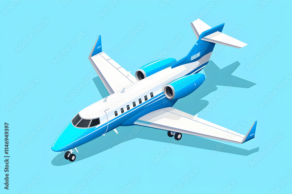 A stylized illustration of a blue and white private jet on a light blue background.