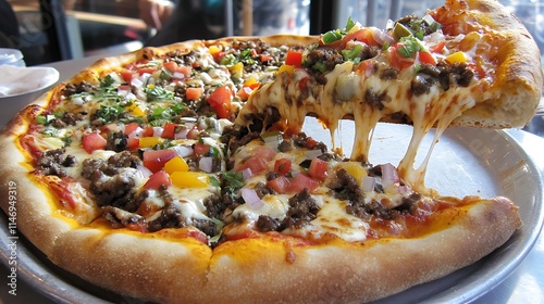 A golden crust supreme pizza slice being lifted revealing colorful toppings and stringy cheese in a bright cafe