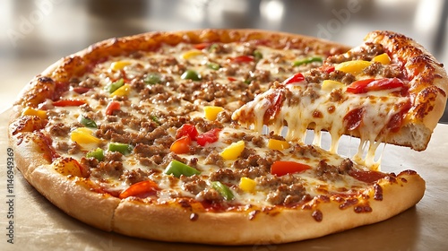 A golden crust supreme pizza slice being lifted revealing colorful toppings and stringy cheese in a bright cafe