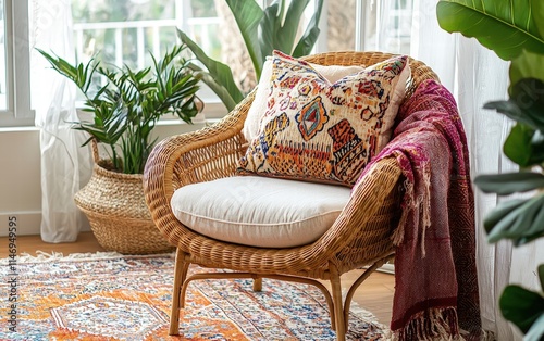 A bohemian armchair with rattan weaving, soft cushions, and a vibrant throw blanket