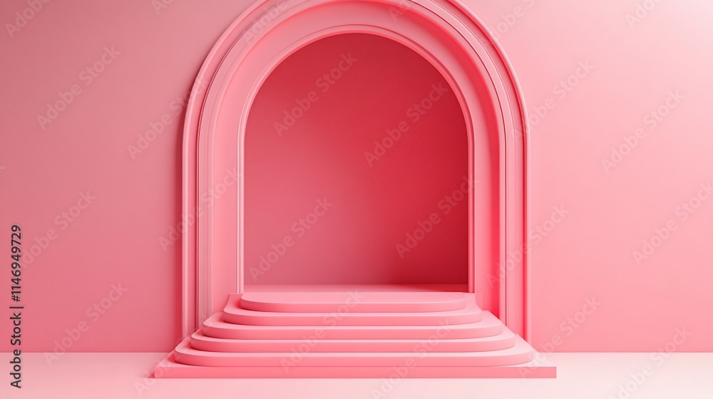 Pink arched doorway with steps, minimalist 3D render. Pink arched doorway with steps, minimalist 3D render.