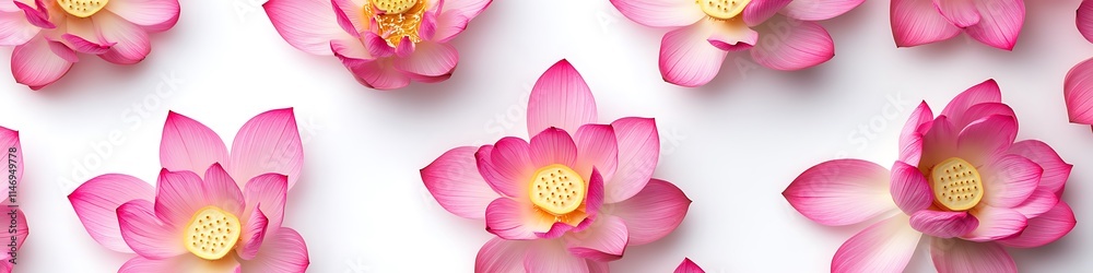 Top view of isolated pink lotus flowers on white background, detailed and vibrant. Top view of isolated pink lotus flowers on white background, detailed and vibrant.