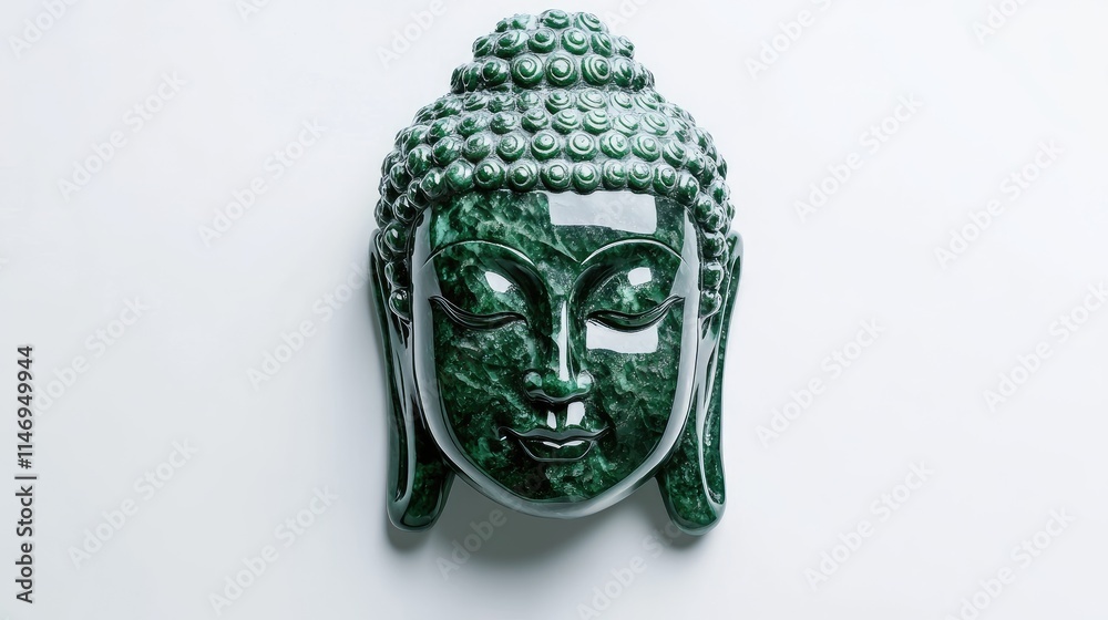 Modern interpretation of a Buddha statue carved from green jade, standing on a minimalist white background. Modern interpretation of a Buddha statue carved from green jade, standing on a minimalist white background.