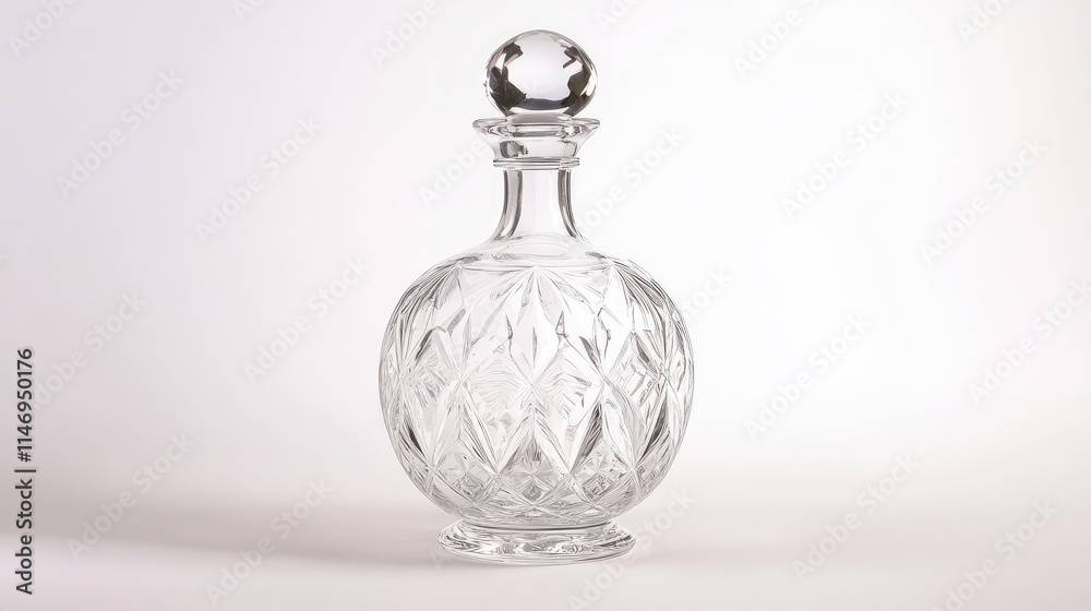 Ornate crystal decanter with sharp patterns and a smooth stopper, displayed against a white background for timeless appeal. Ornate crystal decanter with sharp patterns and a smooth stopper, displayed against a white background for timeless appeal.