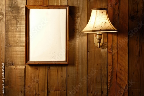 Rustic interior with blank picture frame and vintage wall lamp on textured wooden wall photo