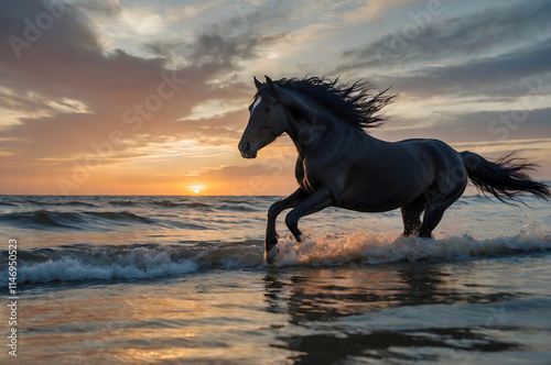 A black horse runs through the water on a summer beach.
