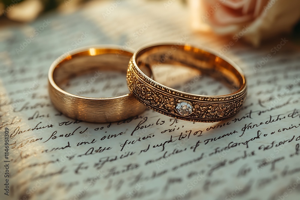 Close-up shot of two golden wedding rings resting on an antique handwritten letter, symbolizing everlasting love and commitment. Close-up shot of two golden wedding rings resting on an antique handwritten letter, symbolizing everlasting love and commitment.
