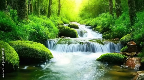 Serene stream flowing through lush green forest, sunlight filtering through canopy.