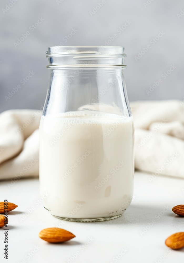 Fresh almond milk in a glass jar on a light background - healthy beverage option Fresh almond milk in a glass jar on a light background - healthy beverage option